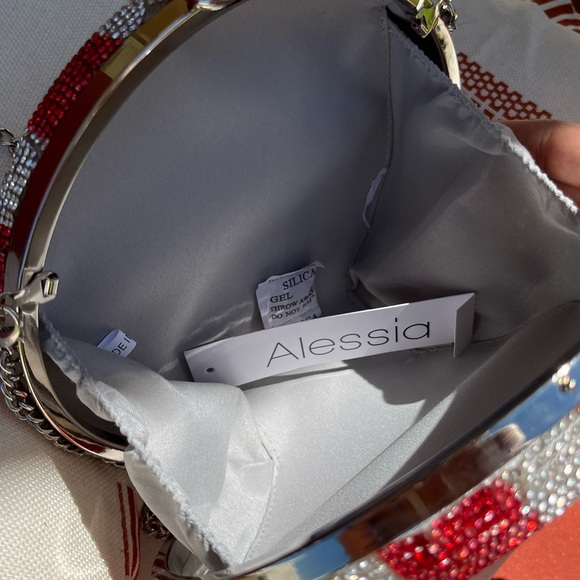 NWT Alessia Red and Silver Peppermint Candy Rhinestone Clutch - Picture 4 of 5